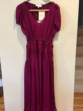La Ligne Natalie V-Neck Silk Tiered Midi Dress in Plum, Size Medium NWT